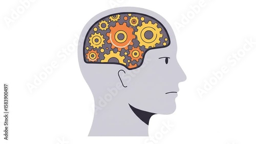 Animated Head Silhouette with Rotating Gears Inside Brain