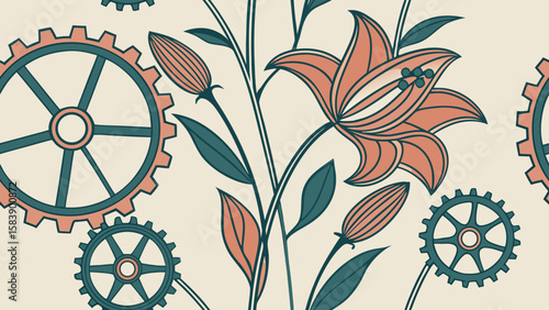 Biomechanical Floral Pattern A Seamless Vector Design with Gears and Flowers for Creative Projects