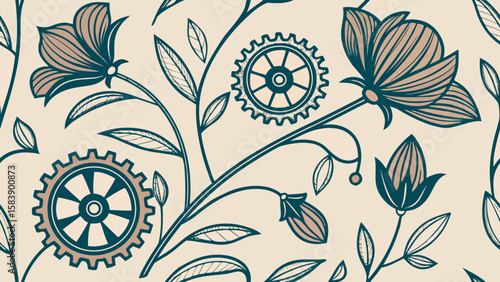 Mechanical Floral Vector Pattern Biomechanical Flowers, Gears, and Leaves Design, Seamless Repeat for Creative Backgrounds