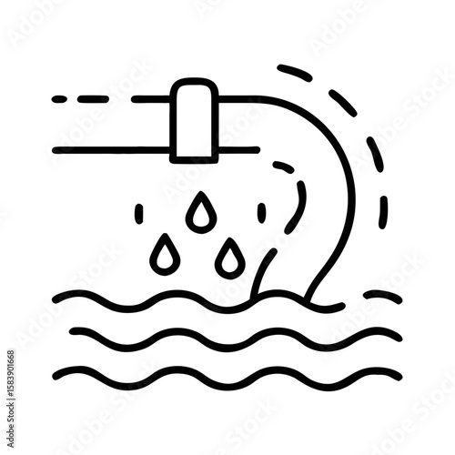 Water drainage pipe with drops over wavy surface, concept of oil spill containment  