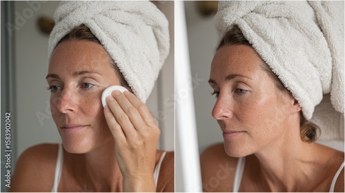 Woman cleansing face with cotton pad, before and after