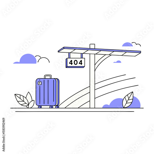 404 Error Page Illustration – Man Waiting with Suitcase at Train Station with Missing Direction Sign