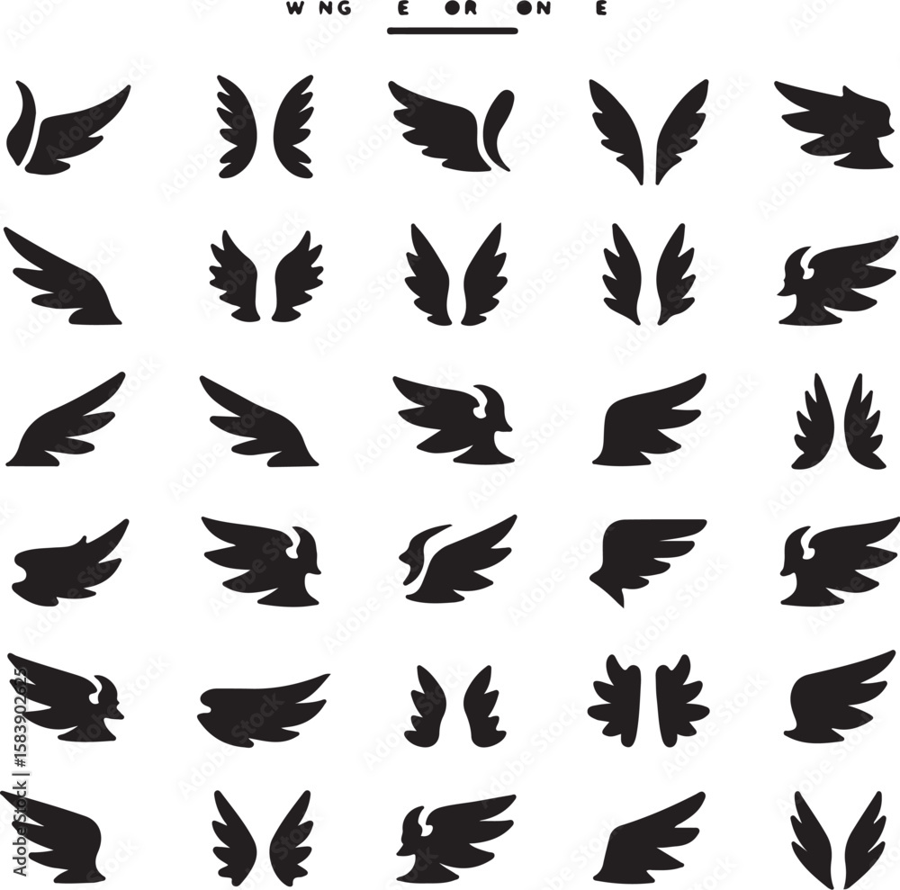 Fototapeta premium Diverse black wing silhouettes wings white background
