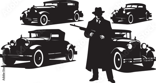 Gangster man with vintage cars person silhouette