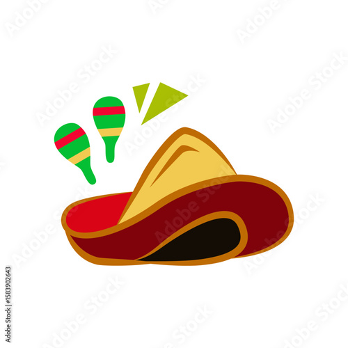 Illustration featuring a sombrero hat and maracas, representing cultural elements, festivities, and traditional music. Perfect for designs inspired by Mexican heritage and cultural representation.