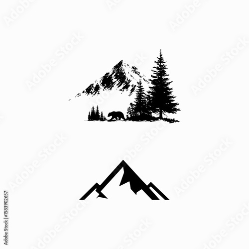 mountain isolated black art mountain and tree icon set