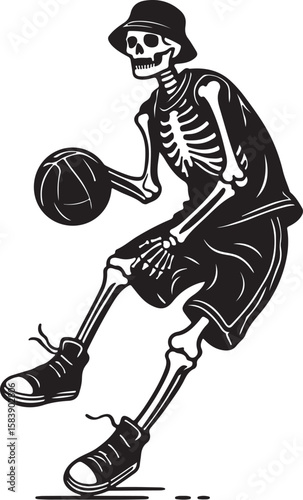 Skeleton playing basketball wearing bucket hat and shorts sport action