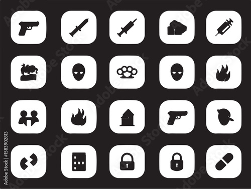 Various icons depicting weapons medical supplies and symbols knife syringe