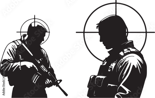 Soldiers aiming rifle and looking down military target