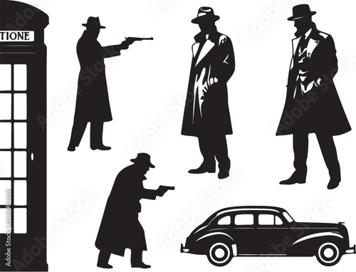 Silhouetted Figures With Vintage Car And Phone Booth fedora hats trench coats