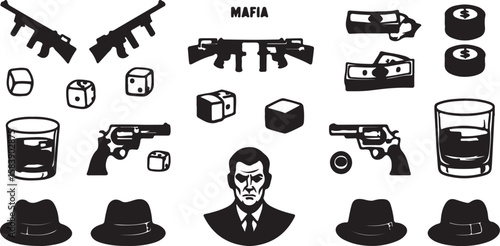 Mafia icons guns dice whiskey hats rifles revolvers