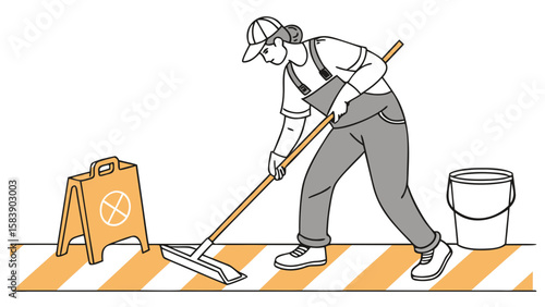 Cleaner mopping floor with caution sign and bucket nearby