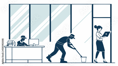 Office workers and cleaner in a modern office with glass walls