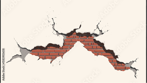 Damaged brick wall. Cracked brick wall. Weathered brick wall. Brick Wall with Cracked Surface. Vector illustration.
