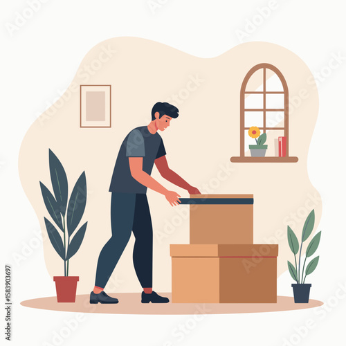 Young man unpacking boxes in a bright room with plants and window  