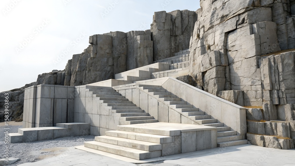 Fototapeta premium Architectural Grandeur Stone Stairway Ascending a Dramatic Cliff Face, A Symphony of Form and Texture in Landscape Photography