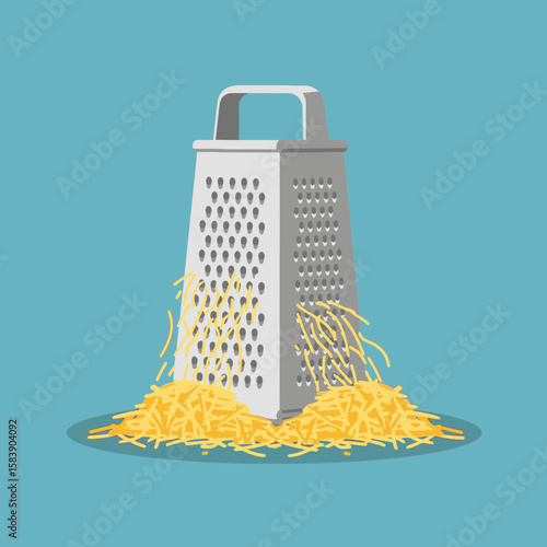 Grater with shredded cheese on a blue background minimalist illustration style.