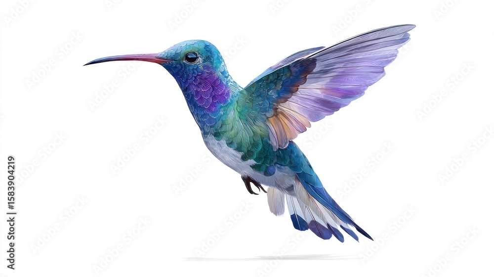 Obraz premium Vibrant hummingbird in flight against a white background