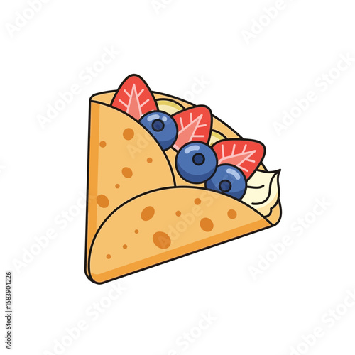 Cartoon crepe filled with cream strawberries and blueberries on a white background.