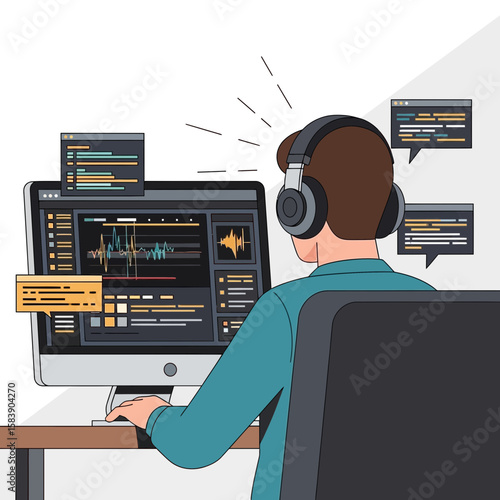 Person wearing headphones works at a computer with video editing software.