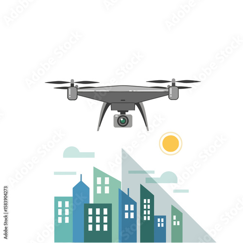 A drone flies over stylized city buildings with a sun and clouds.