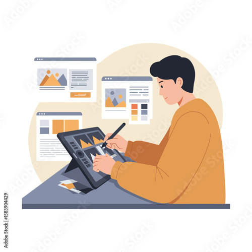 Person using a tablet with stylus for graphic design in a studio.