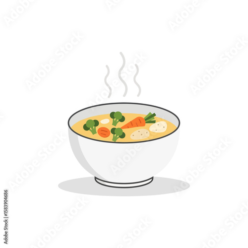 Bowl of soup with vegetables and steam on a white background.
