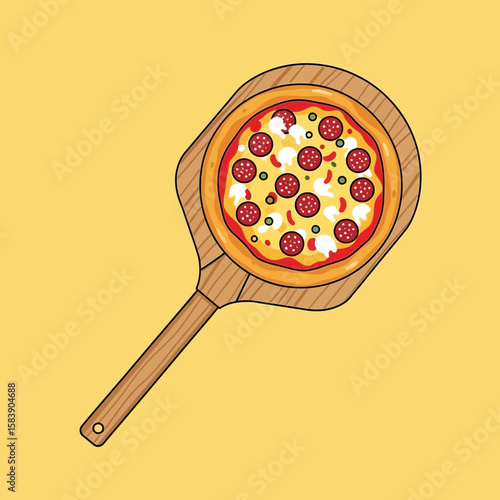 Pizza with pepperoni on a wooden pizza peel against a yellow background.