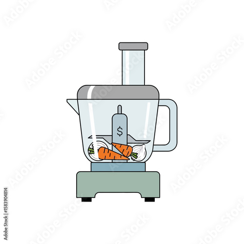 Food processor appliance with food inside isolated on white background vector illustration.