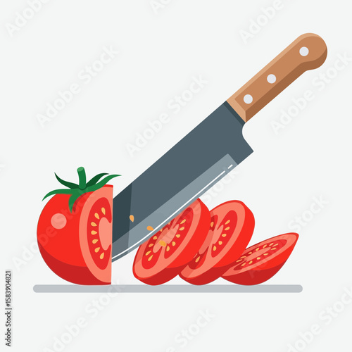 Tomato being sliced with a knife on a white background.