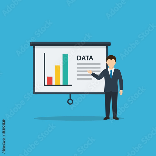 Man presenting data on a projection screen with bar graph illustration.