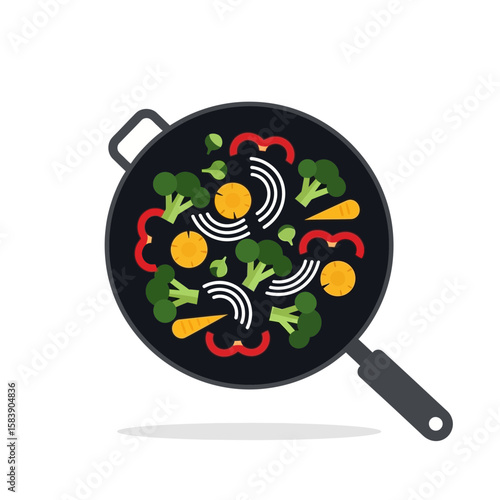 Stir fry vegetables in a black pan flat vector illustration on white.