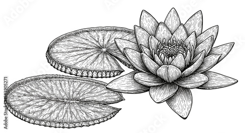 Vintage ink sketch giant Victoria water lily growing in the Amazon – hand drawn black and white illustration doodle vector, engraving svg
