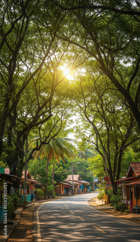Fototapeta premium A village road flanked by trees and lit by golden morning sunlight in the tropics
