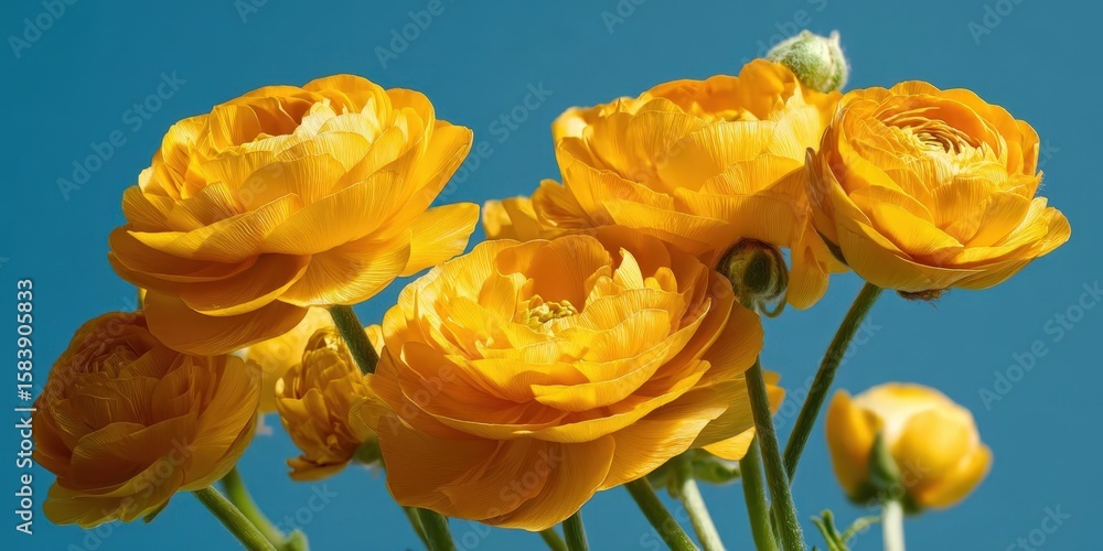 Naklejka premium Vibrant Yellow Ranunculus Flowers Against Clear Blue Sky