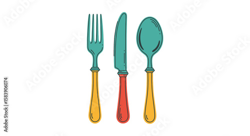 Colorful Cutlery Illustration Featuring Fork, Knife, and Spoon for Restaurant Menus and Culinary-Themed Designs, Ideal for Culinary Arts, Food Blogs, and Recipe Illustrations