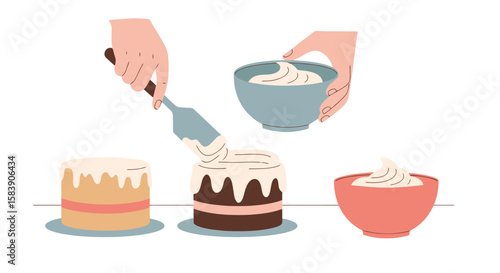 Hands Decorating Cake with Frosting. Illustrative Process of Baking and Dessert Preparation. Sweet Confectionery Art.
