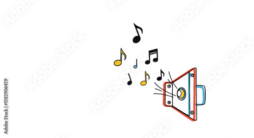 Hand-drawn megaphone broadcasting musical notes. Simple doodle illustration of sound, music, and communication concept.