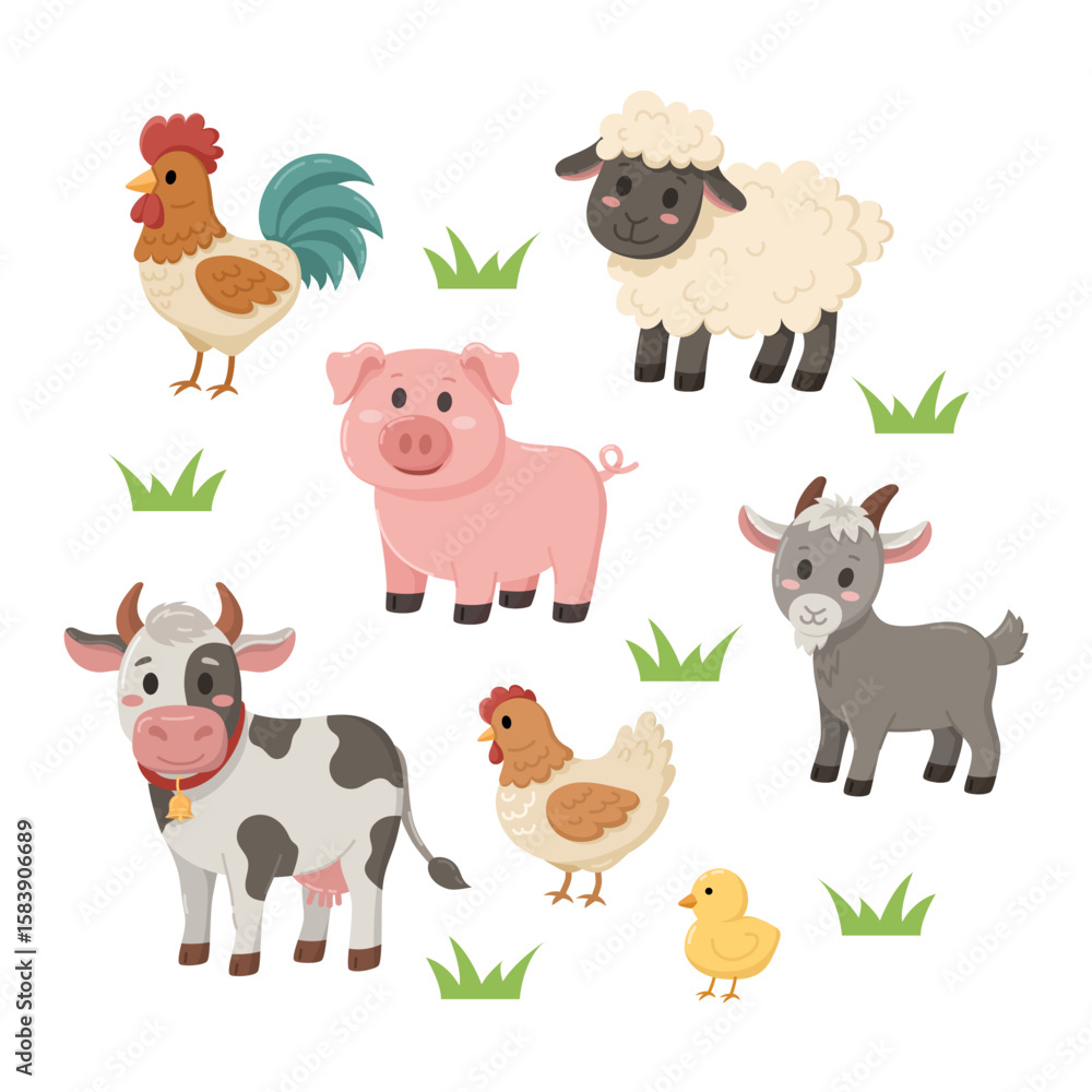 Fototapeta premium Cartoon farm animals. Cow, pig, sheep, duck, chicken, rooster, goat, chick.