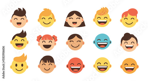 Set of diverse happy cartoon faces and laughing emoji illustrations, joyful children and youth expressions