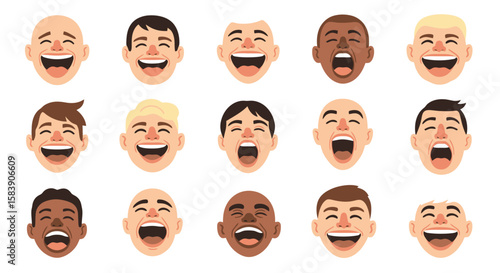 Diverse cartoon faces laughing out loud. Vector set of happy male characters with wide open mouths expressing joy and humor.