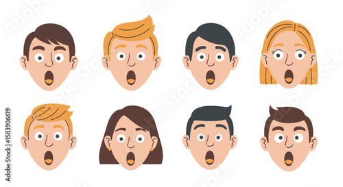Surprised Cartoon Faces Avatars Set. Diverse People Expressing Shock and Awe. Flat Vector Illustration.