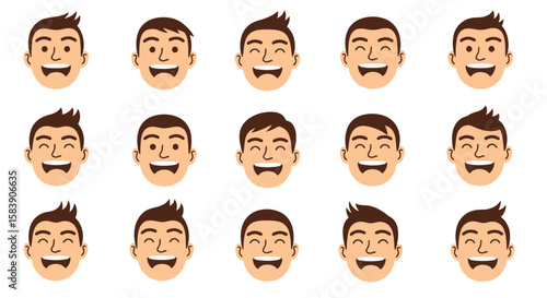 Collection of happy cartoon male faces with diverse hairstyles. Smiling vector avatars for user profiles, expressing joy and positive emotions.