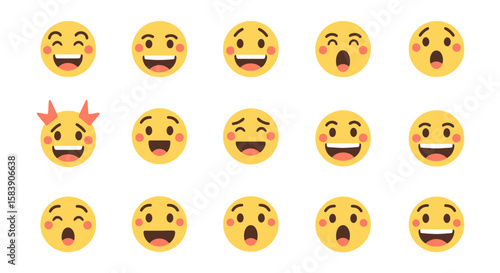 Emotional yellow emoji collection: Happy, laughing, surprised, and playful facial expressions