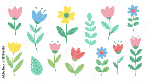 Cute Hand-Drawn Flowers and Leaves Set. Textured Pastel Floral Doodles for Spring, Nature, and Kids' Designs.