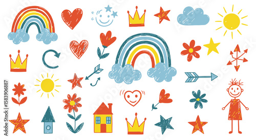 Colorful Hand-Drawn Doodle Icon Set with Crayon Texture. Whimsical Childlike Elements for Kids' Projects and Creative Design.