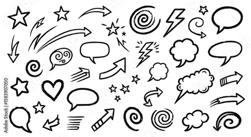 Hand-Drawn Doodle Elements Collection: Arrows, Stars, Speech Bubbles, Swirls, Lightning Bolts, and Heart Graphics