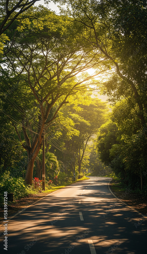 Fototapeta premium Long tropical village road flanked by trees under golden light