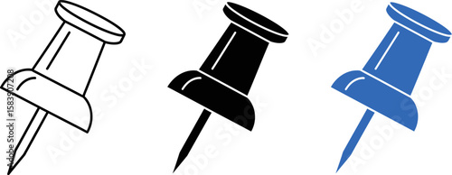 Set of three push pins in outline black and blue colors on white background