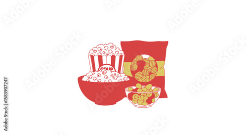 Assorted Movie Snacks Illustration: Popcorn, Potato Chips, and Cheese Puffs in Bowls and Bag